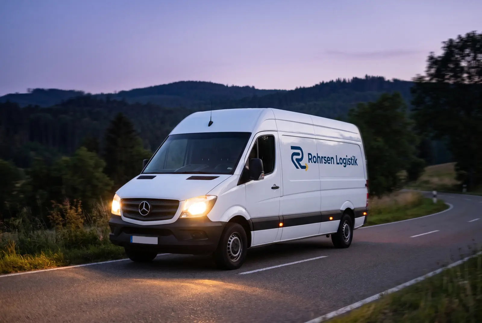 Rohrsen-Logistik-Transporter fährt in der Abenddämmerung über eine Landstraße in Baden-Württemberg